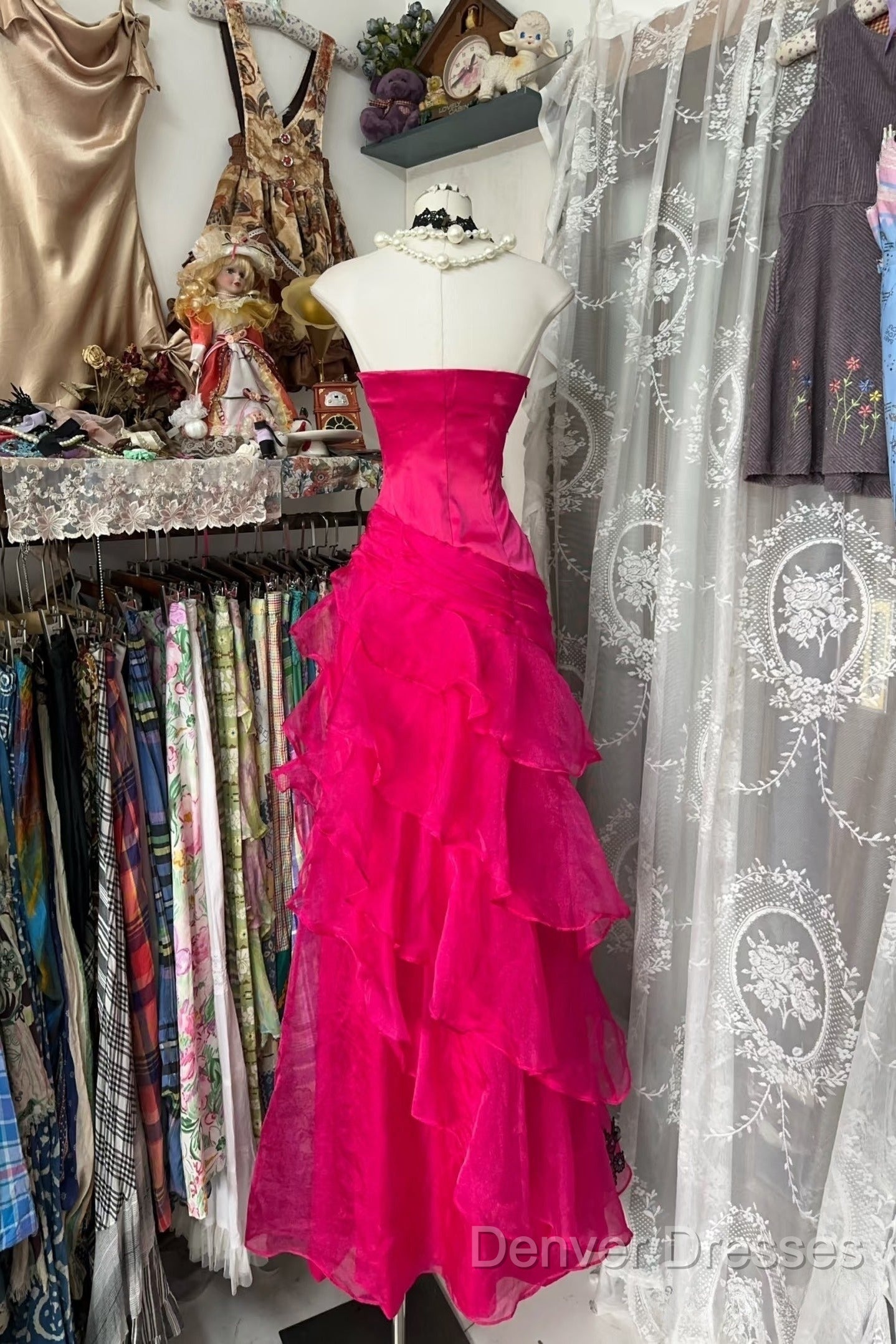 Vintage Fashion Mermaid Strapless Hot Pink Floor Length Evening Dress Prom Dress Secondary image