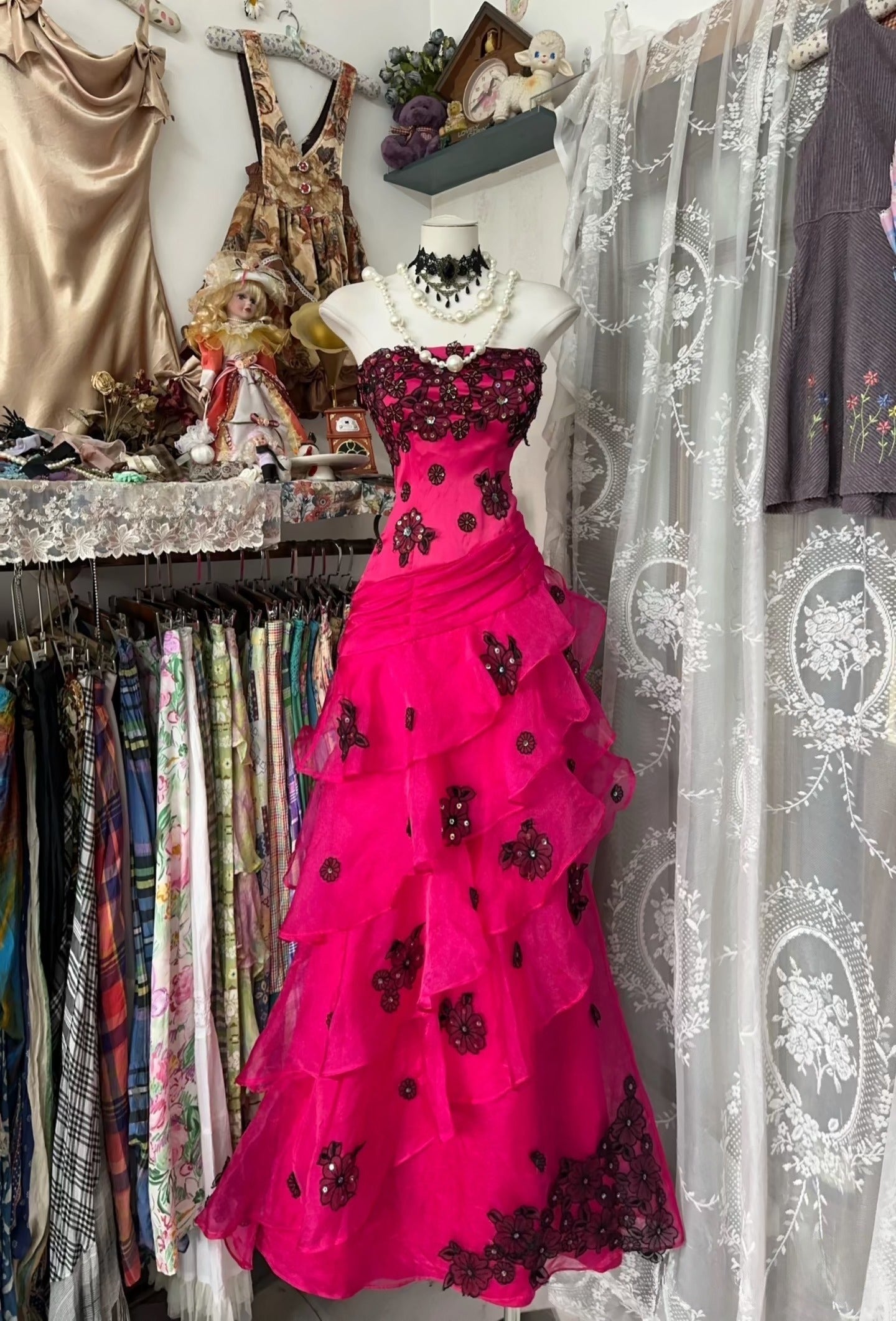 Vintage Fashion Mermaid Strapless Hot Pink Floor Length Evening Dress Prom Dress Main image