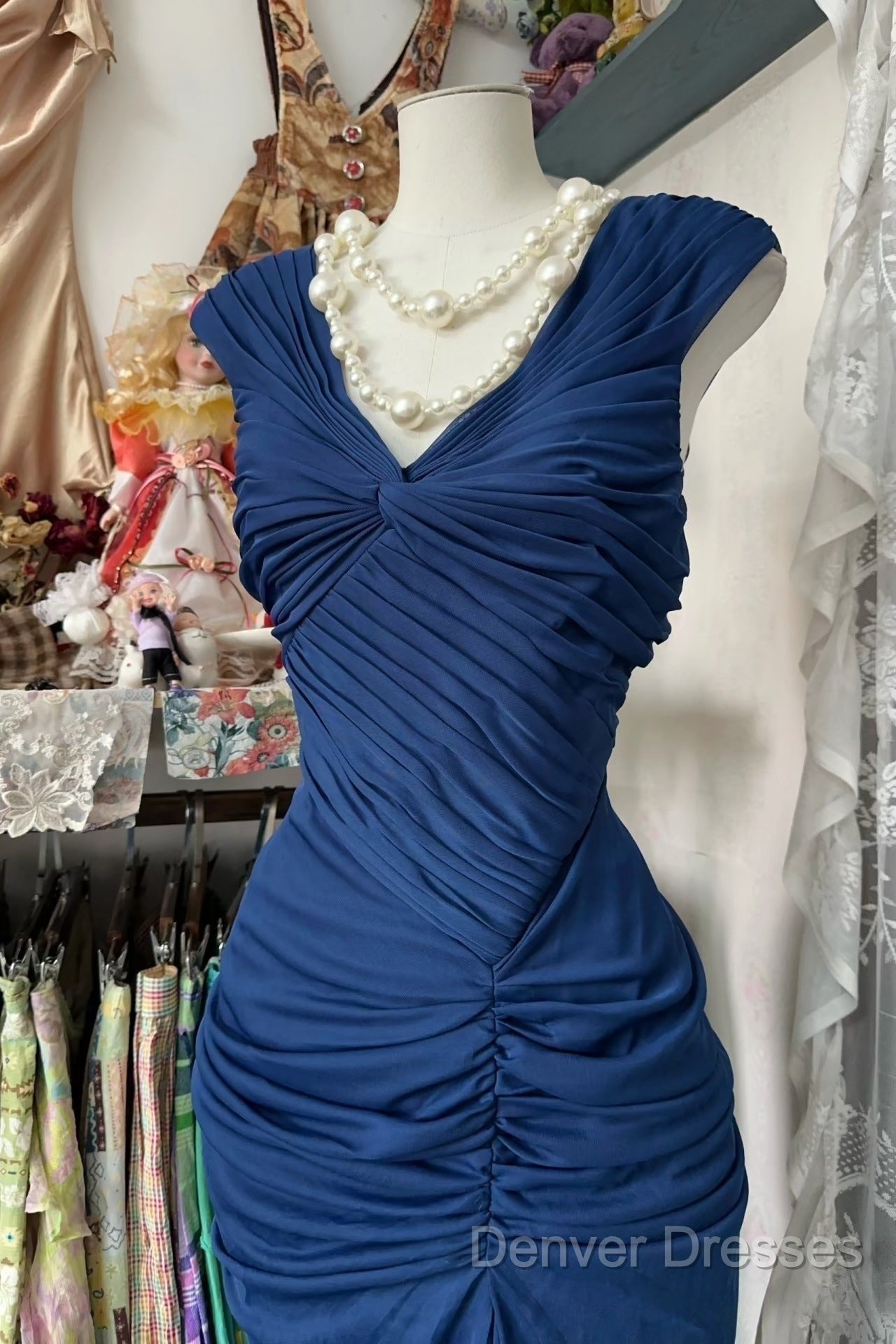Vintage Fashion Mermaid V Neckline Navy Blue Floor Length Evening Dress Prom Dress Secondary image