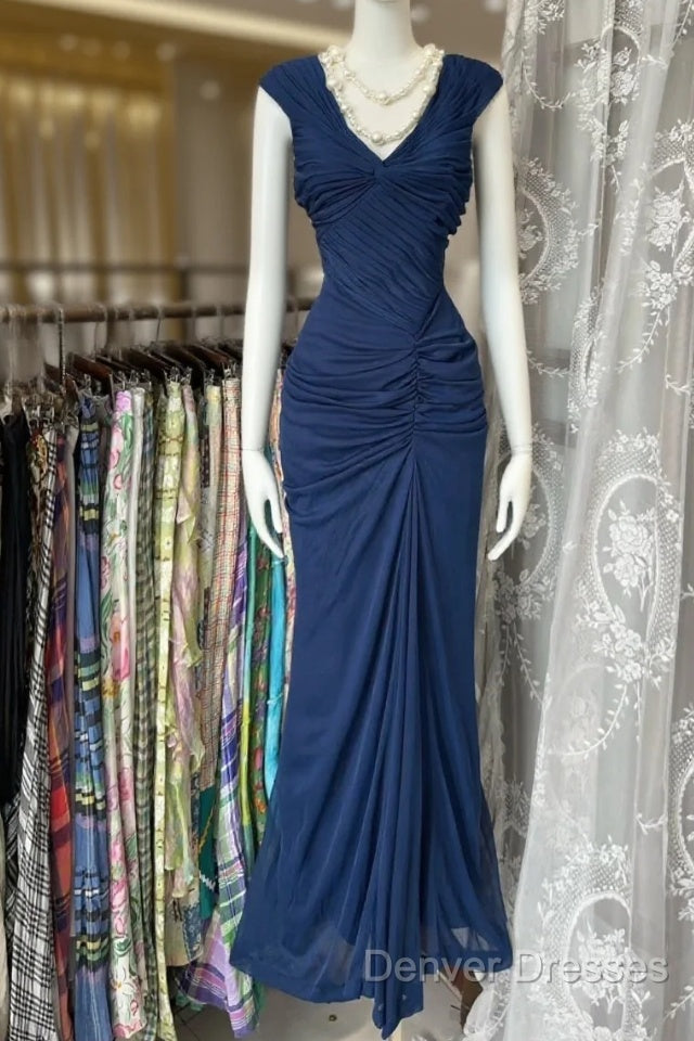 Vintage Fashion Mermaid V Neckline Navy Blue Floor Length Evening Dress Prom Dress Main image
