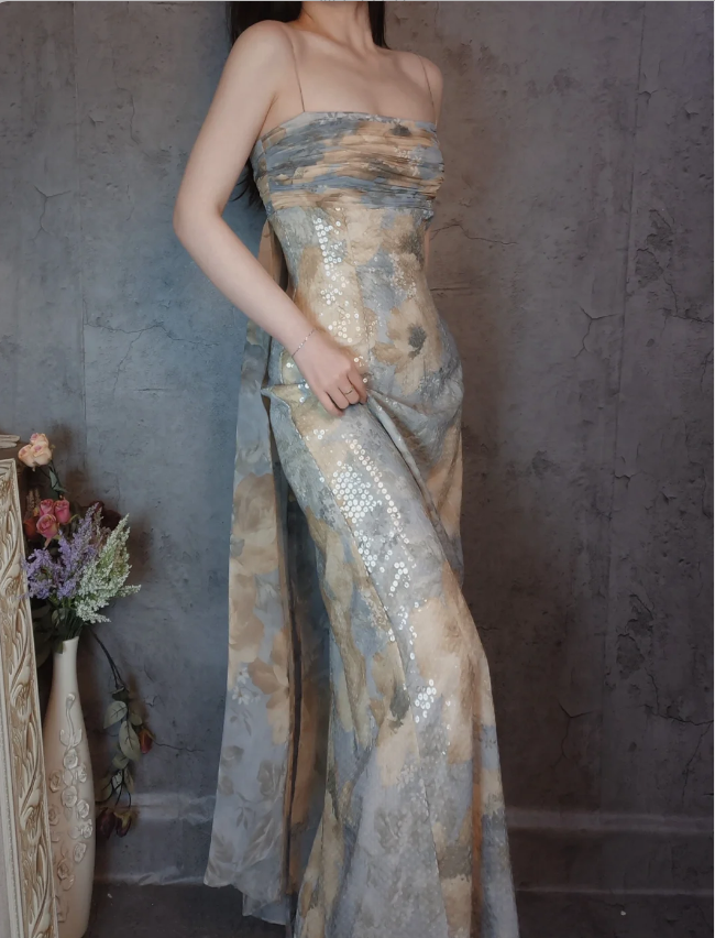 Vintage Fitted Spaghetti Strap Sequined Long Prom Dress Evening Dress
