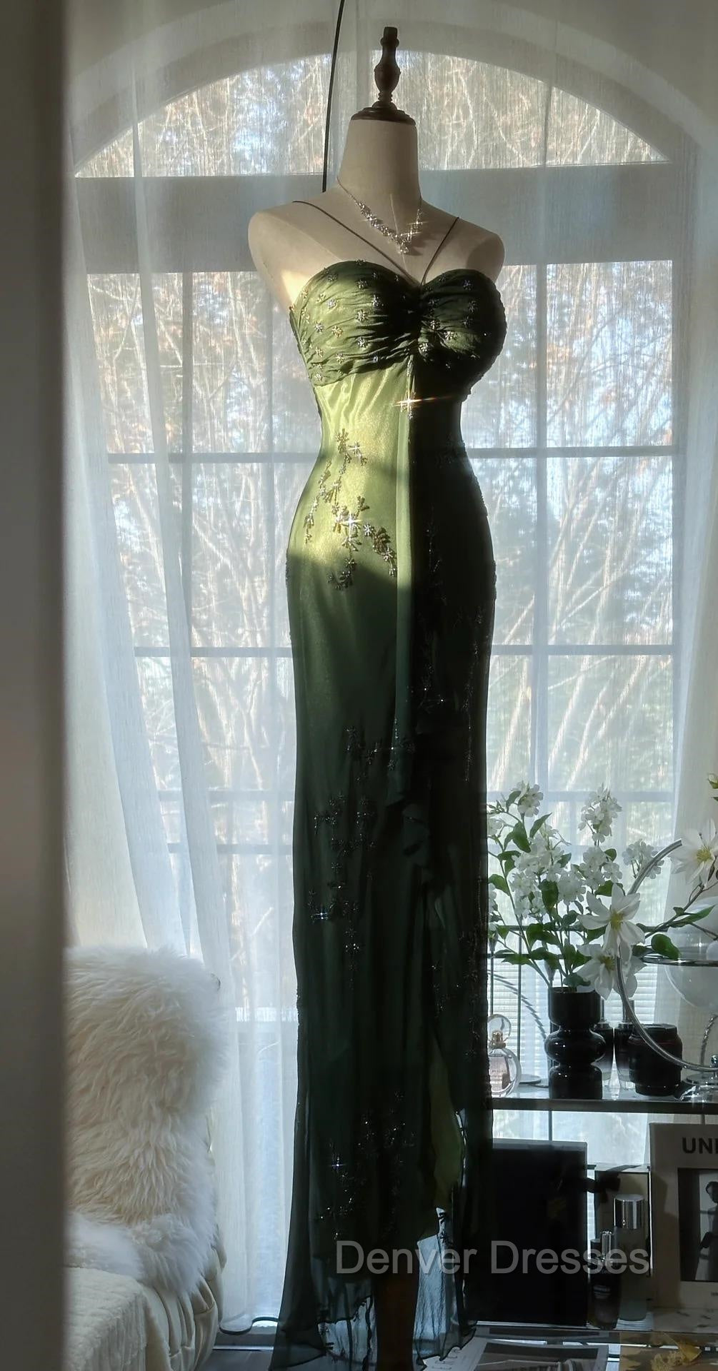 Vintage Forest Green Prom Dress For Party&Quinceanera-Elegant Spaghetti Straps Glitter Beaded Evening Gown