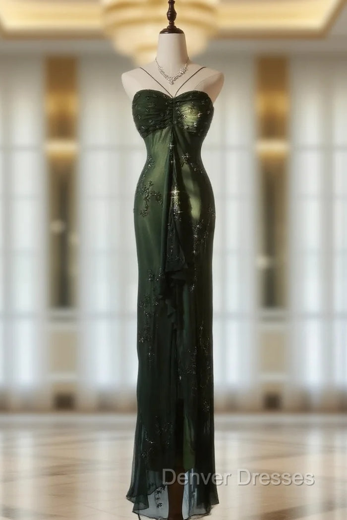 Vintage Forest Green Prom Dress For Party&Quinceanera-Elegant Spaghetti Straps Glitter Beaded Evening Gown