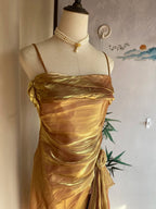 Vintage Gold-Brown Irregular Strap Pleated Satin Prom Dress Evening Dress