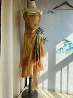 Vintage Gold-Brown Irregular Strap Pleated Satin Prom Dress Evening Dress