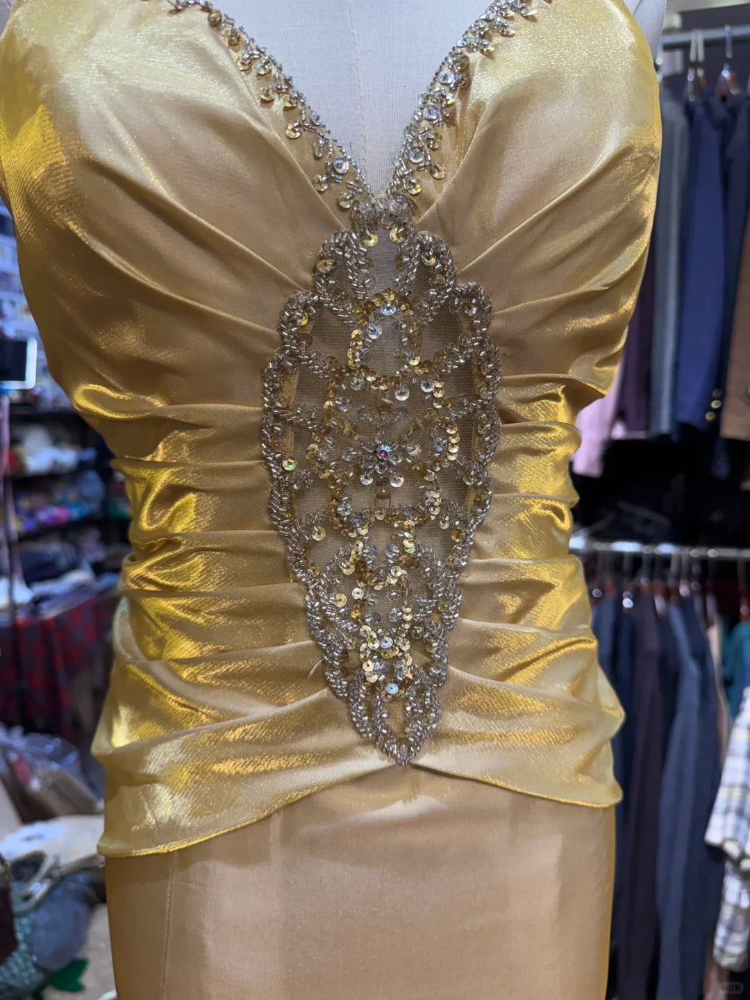 Vintage Gold Mermaid V-Neck Sequined Satin Long Prom Dress Evening Dress
