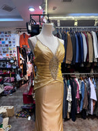 Vintage Gold Mermaid V-Neck Sequined Satin Long Prom Dress Evening Dress