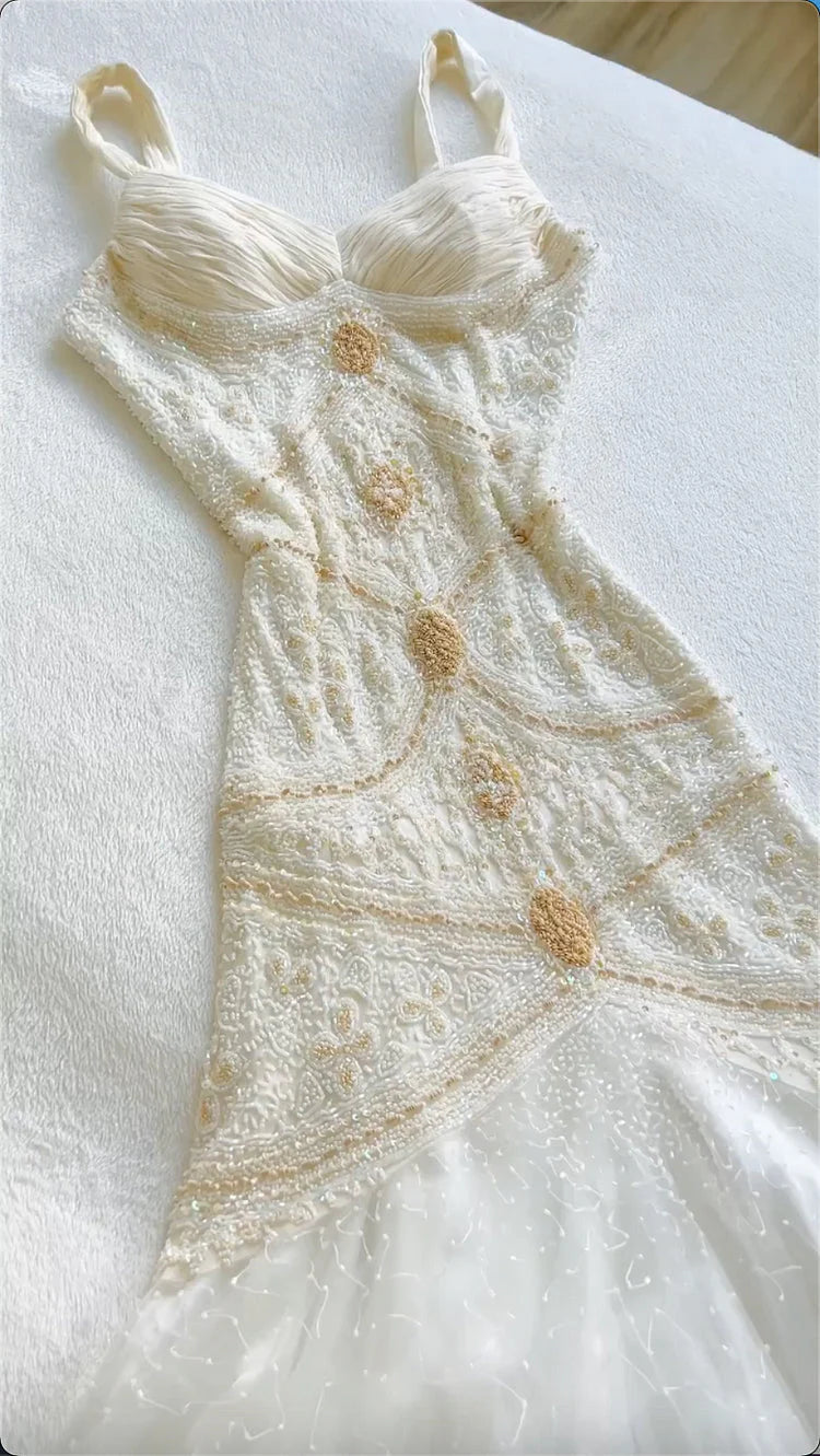 Vintage Gorgeous A Line StraP Beaded Ivory Chiffon Prom Dress Evening Dress Main image