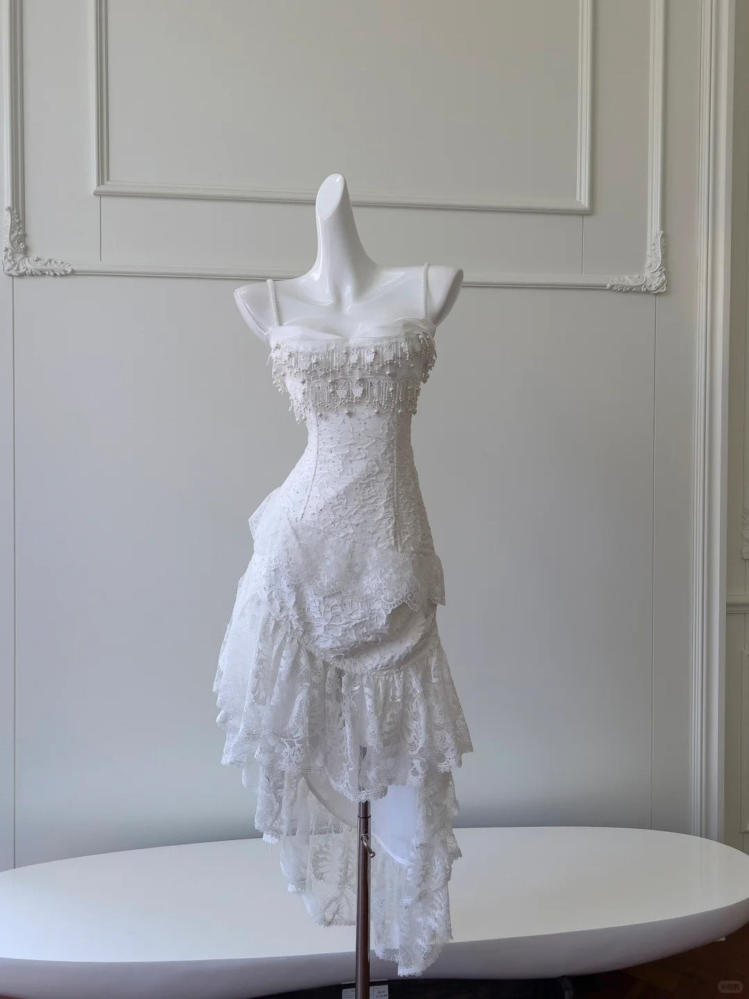 Vintage Gorgeous White Irregular Strap Pearl Lace Prom Dress Evening Dress Bridesmaid Dress Secondary image