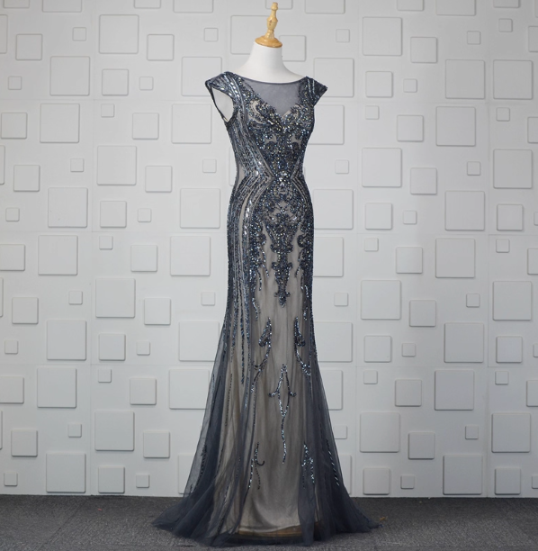 Vintage Gradient Grey-Blue Mermaid Crew Neck Beaded Sequin Tulle Long Prom Dress Evening Dress Secondary image