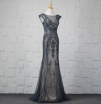Vintage Gradient Grey-Blue Mermaid Crew Neck Beaded Sequin Tulle Long Prom Dress Evening Dress