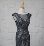 Vintage Gradient Grey-Blue Mermaid Crew Neck Beaded Sequin Tulle Long Prom Dress Evening Dress