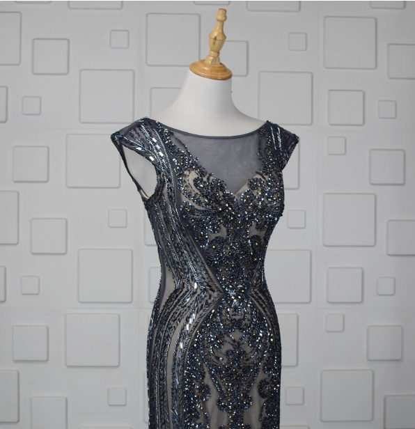 Vintage Gradient Grey-Blue Mermaid Crew Neck Beaded Sequin Tulle Long Prom Dress Evening Dress