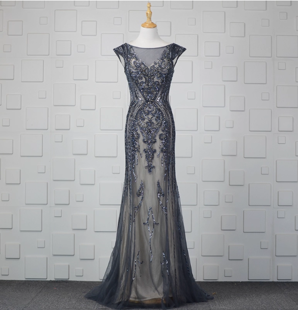 Vintage Gradient Grey-Blue Mermaid Crew Neck Beaded Sequin Tulle Long Prom Dress Evening Dress Main image