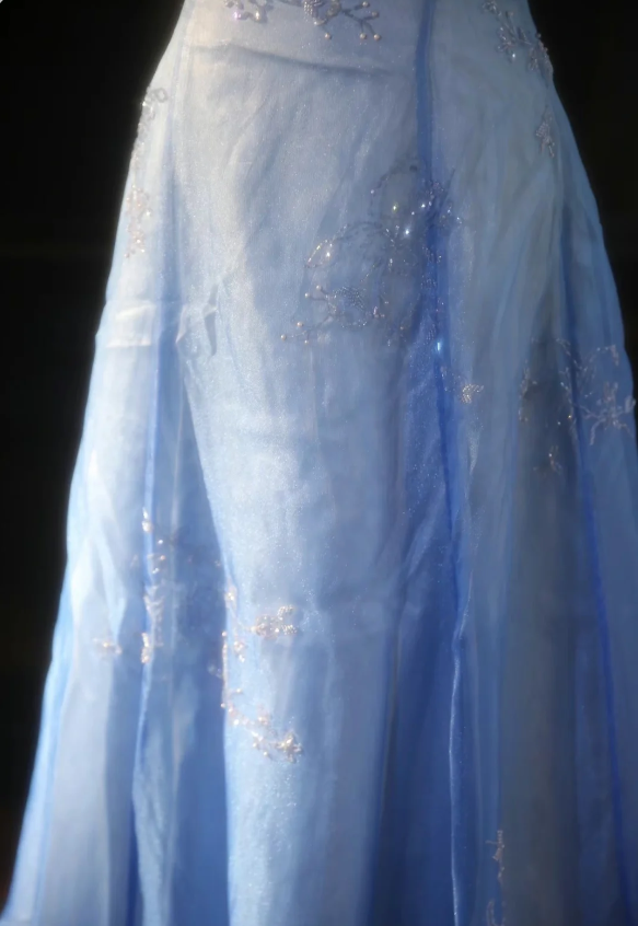 Vintage Gradient Light Blue A-Line Spaghetti Strap Beaded Tulle Long Prom Dress Evening Dress