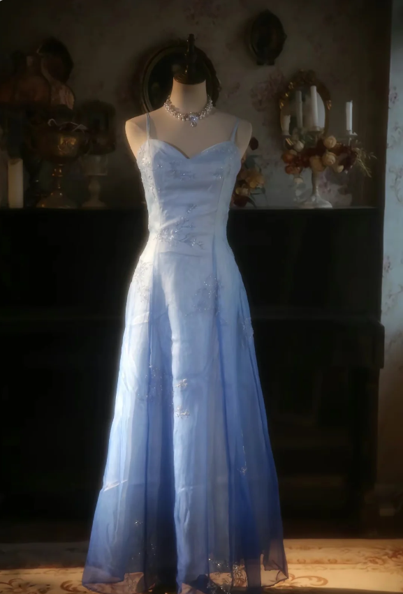 Vintage Gradient Light Blue A-Line Spaghetti Strap Beaded Tulle Long Prom Dress Evening Dress Main image