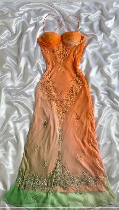 Vintage Gradient Orange Spaghetti Straps Chiffon Lace Sheath Prom Dress Elegant Evening Dress Gowns Main image