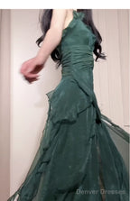 Vintage Green A-Line Spaghetti Strap Chiffon Long Prom Dress V-Neck Layered Evening Gown