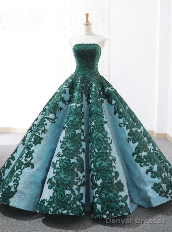 Vintage Green Ball Gown Appliques Sequins Strapless Wedding Dress