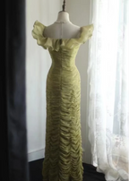 Vintage Green Fitted Off-Shoulder Ruffled Chiffon Long Prom Dress Evening Dress