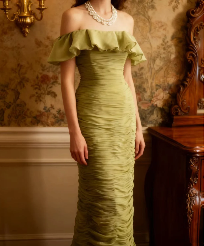 Vintage Green Fitted Off-Shoulder Ruffled Chiffon Long Prom Dress Evening Dress Main image