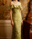 Vintage Green Fitted Off-Shoulder Ruffled Chiffon Long Prom Dress Evening Dress