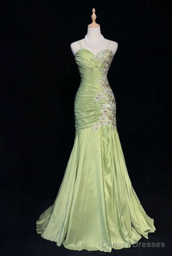 Vintage Green Mermaid Spaghetti Strap Satin Beaded Sequin Long Prom Dress Sweetheart Neck Evening Dress Main image