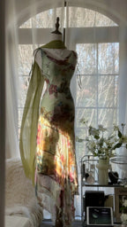 Vintage Green Oil Painting Chiffon Print Irregular Skirt Prom Dress