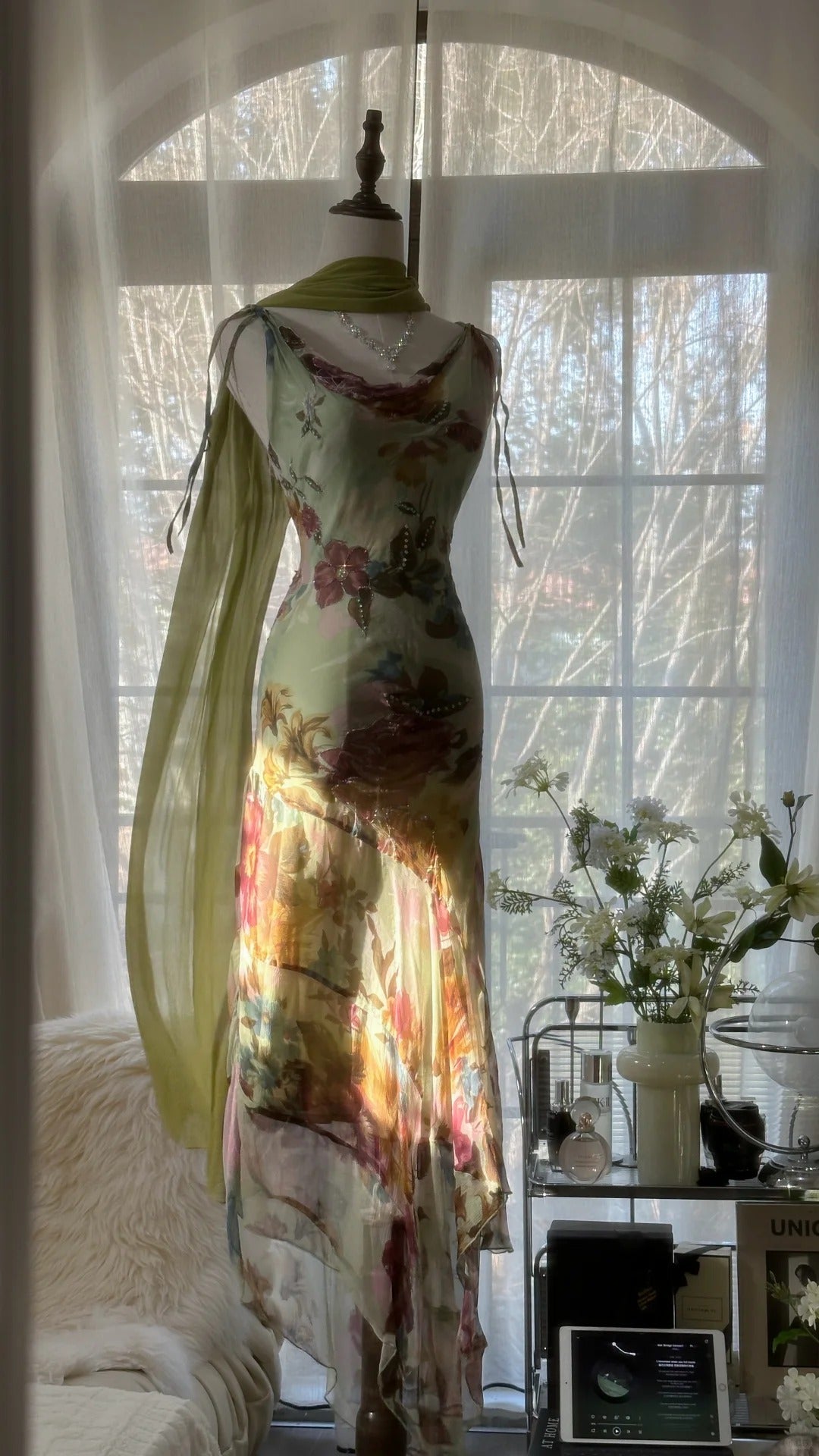 Vintage Green Oil Painting Chiffon Print Irregular Skirt Prom Dress