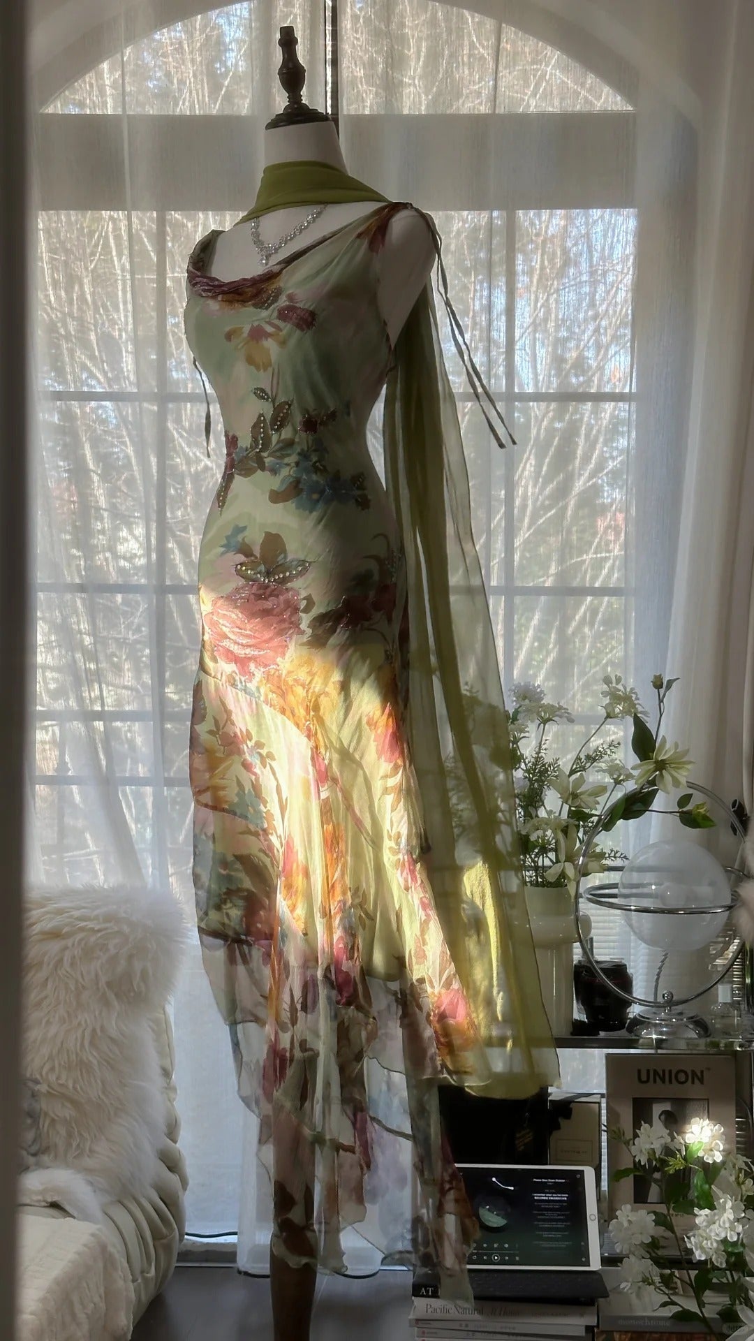 Vintage Green Oil Painting Chiffon Print Irregular Skirt Prom Dress