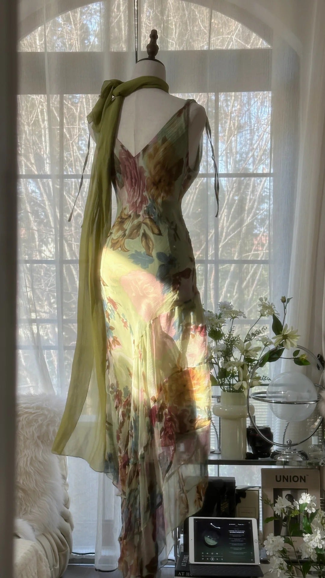Vintage Green Oil Painting Chiffon Print Irregular Skirt Prom Dress