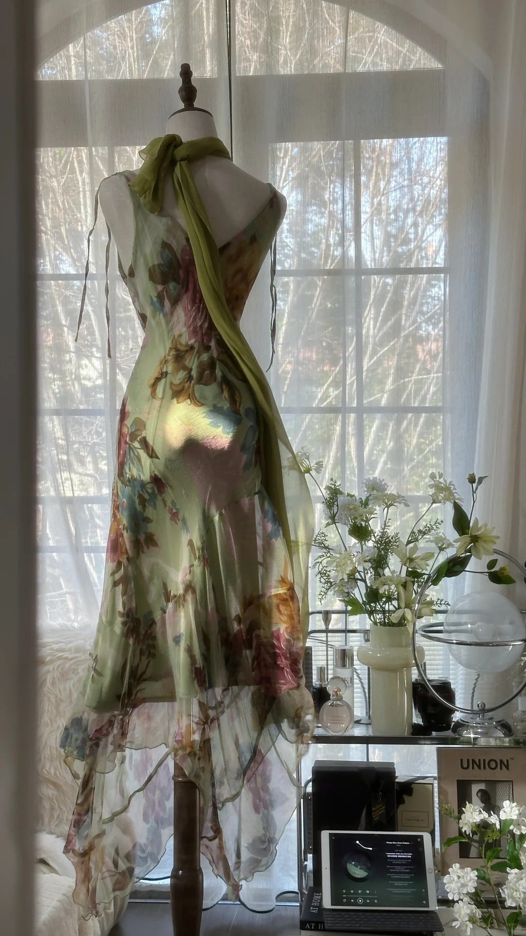 Vintage Green Oil Painting Chiffon Print Irregular Skirt Prom Dress