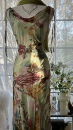 Vintage Green Oil Painting Chiffon Print Irregular Skirt Prom Dress