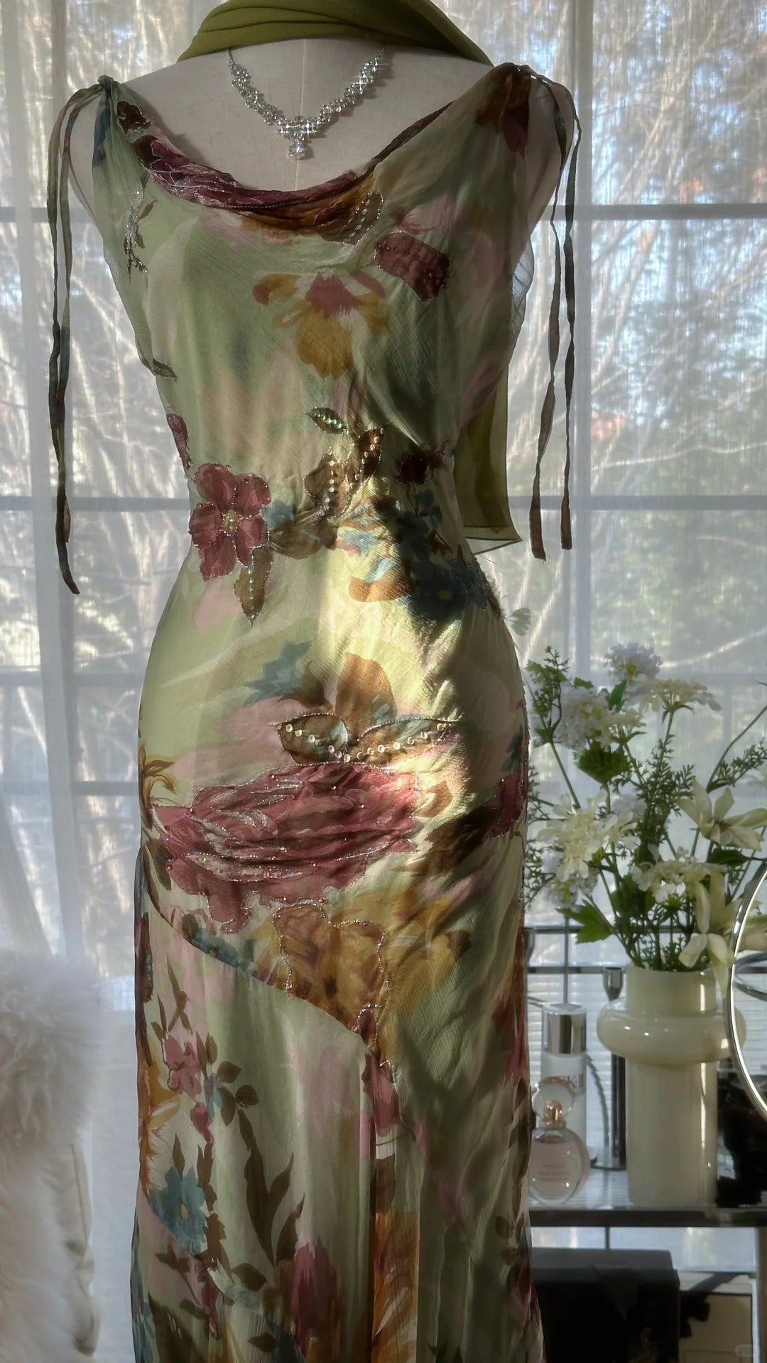 Vintage Green Oil Painting Chiffon Print Irregular Skirt Prom Dress