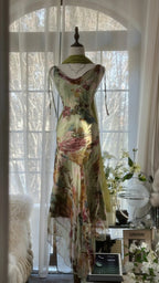 Vintage Green Oil Painting Chiffon Print Irregular Skirt Prom Dress