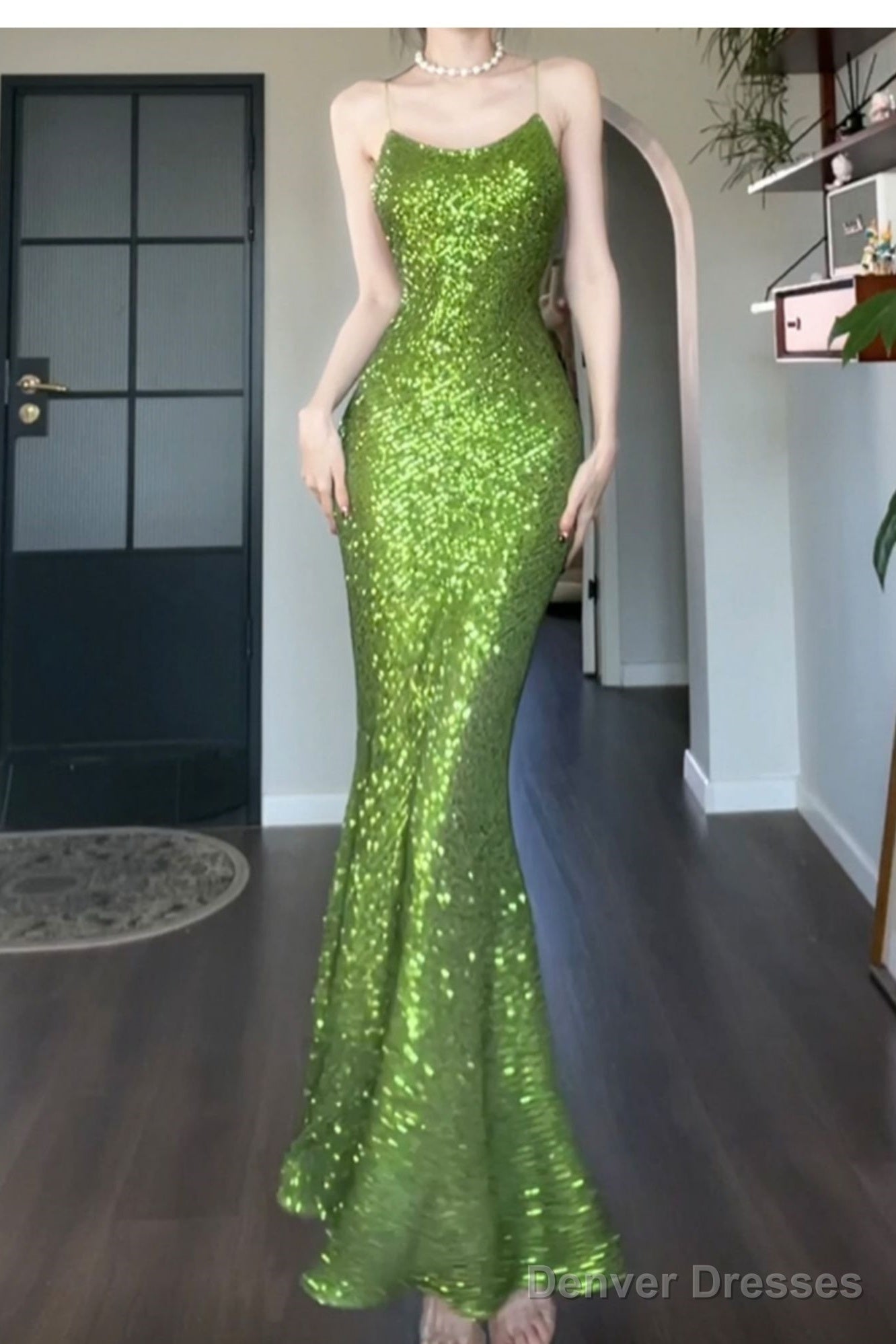 Vintage Green Sheath Spaghetti Strap Sequined Prom Dress Birthday Dress