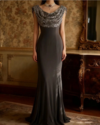 Vintage Black Mermaid Sequin Satin Long Prom Dress Evening Dress