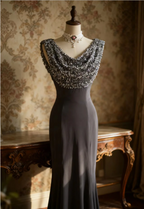 Vintage Black Mermaid Sequin Satin Long Prom Dress Evening Dress