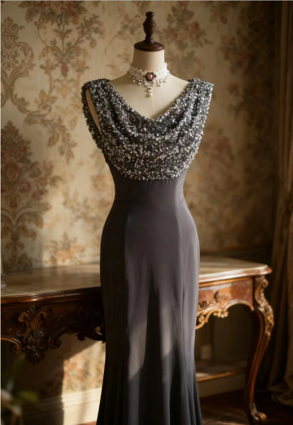 Vintage Black Mermaid Sequin Satin Long Prom Dress Evening Dress