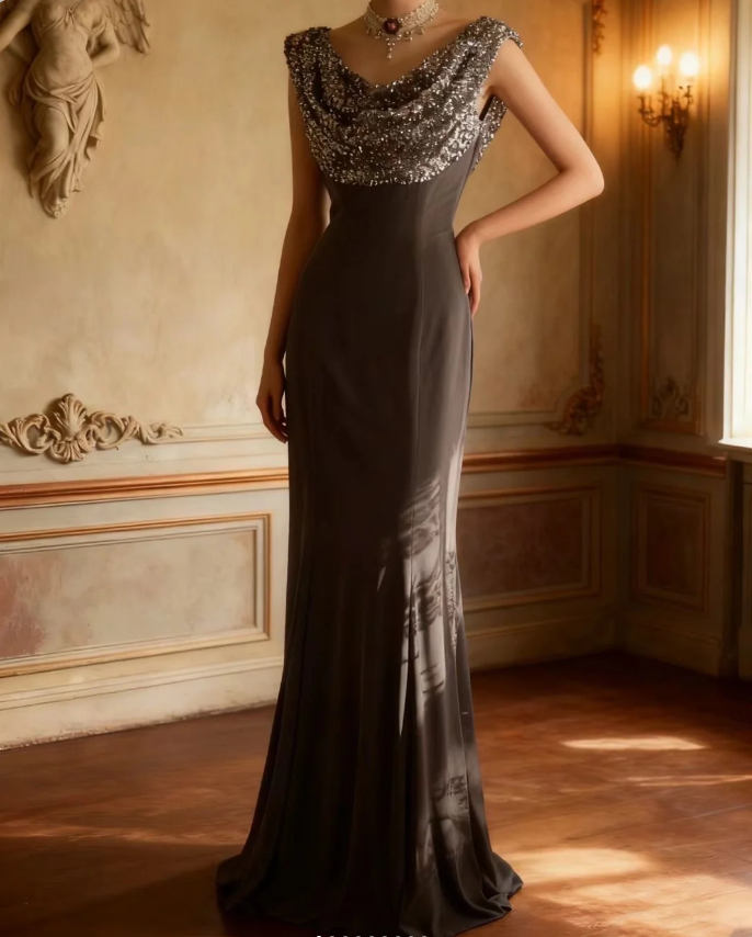 Vintage Black Mermaid Sequin Satin Long Prom Dress Evening Dress Main image