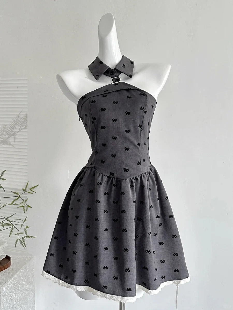 Vintage Grey Printed Lapel A-Line Short 17Th Birthday Homecoming Dress Main image