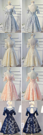 Vintage Half Sleeve Appliques Floral Prints Clairvoyant Outfit Lace Lace Up Back Tea-Length Homecoming Dress
