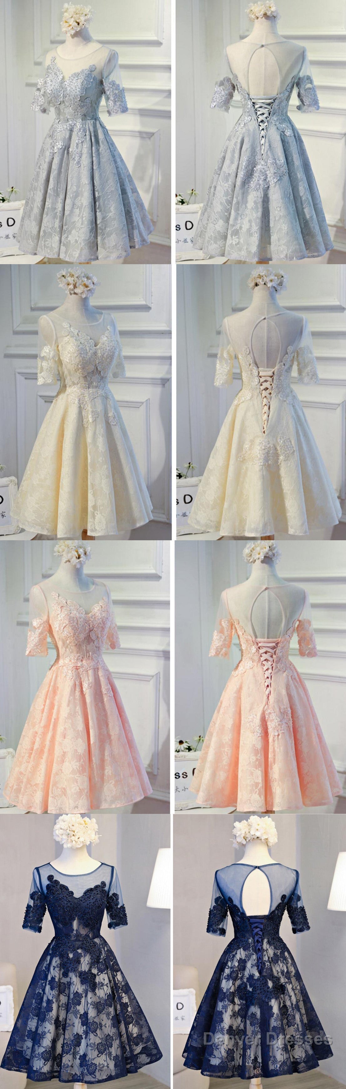 Vintage Half Sleeve Appliques Floral Prints Clairvoyant Outfit Lace Lace Up Back Tea-Length Homecoming Dress