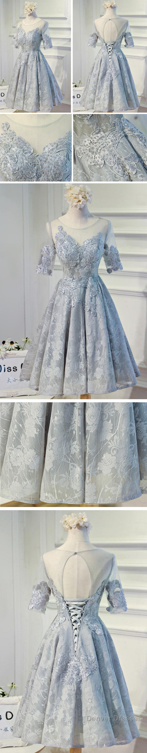Vintage Half Sleeve Appliques Floral Prints Clairvoyant Outfit Lace Lace Up Back Tea-Length Homecoming Dress