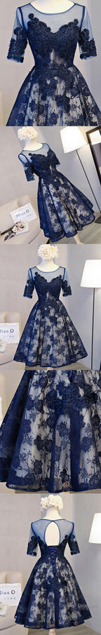 Vintage Half Sleeve Appliques Floral Prints Clairvoyant Outfit Lace Lace Up Back Tea-Length Homecoming Dress