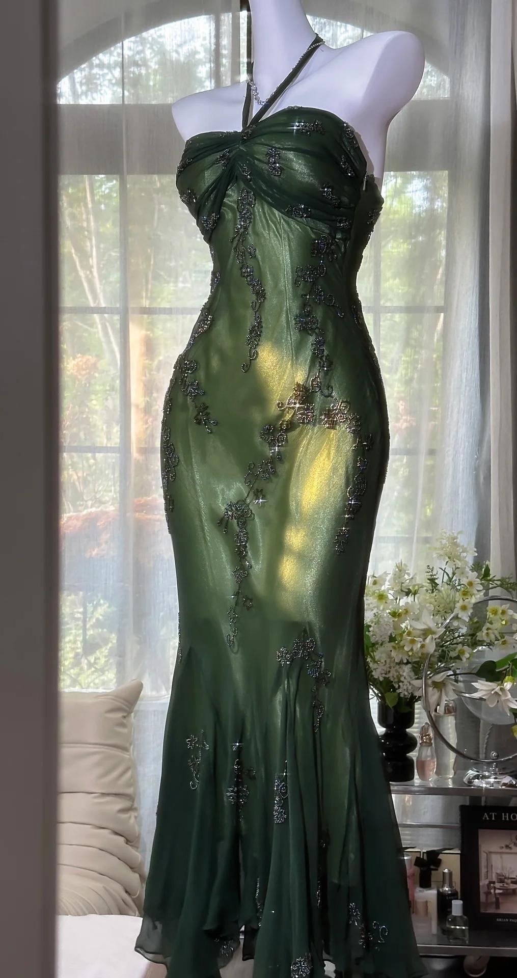 Vintage Halter  Mermaid Long Prom Dress Chiffon Beaded Dark Green Long Formal Dress Secondary image