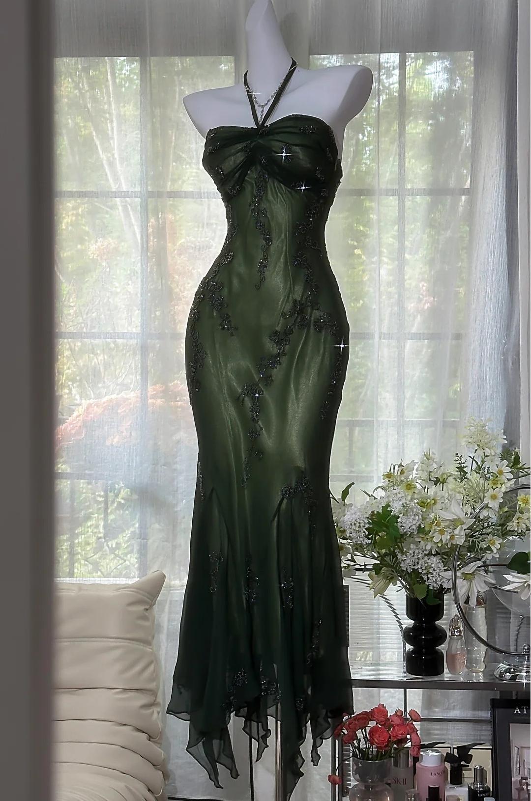 Vintage Halter  Mermaid Long Prom Dress Chiffon Beaded Dark Green Long Formal Dress Main image
