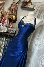 Vintage Halter Sheath Long Prom Dress Beaded Satin Blue Evening Dress Sleeveless Birthday Dress