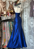 Vintage Halter Sheath Long Prom Dress Beaded Satin Blue Evening Dress Sleeveless Birthday Dress