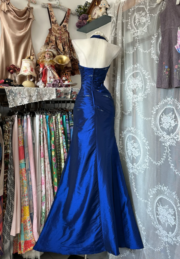 Vintage Halter Sheath Long Prom Dress Beaded Satin Blue Evening Dress Sleeveless Birthday Dress